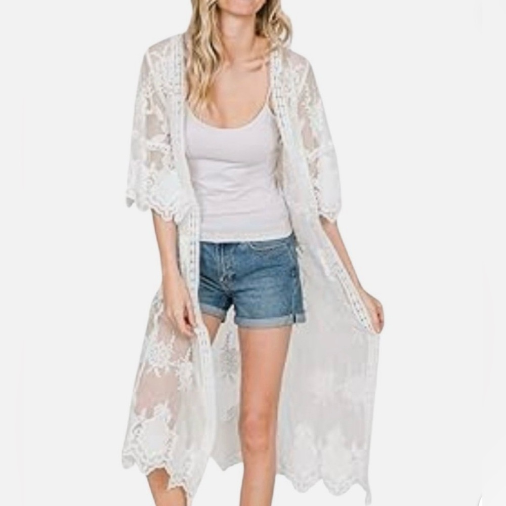 Rachel Zoe White Lace Duster Kimono Cover-Up One Size Fits All New - Picture 2 of 10